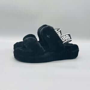 UGG Shoes Women 6 Black Shearling Oh Yeah Slide Logo Strap Slippers Cozy Comfort